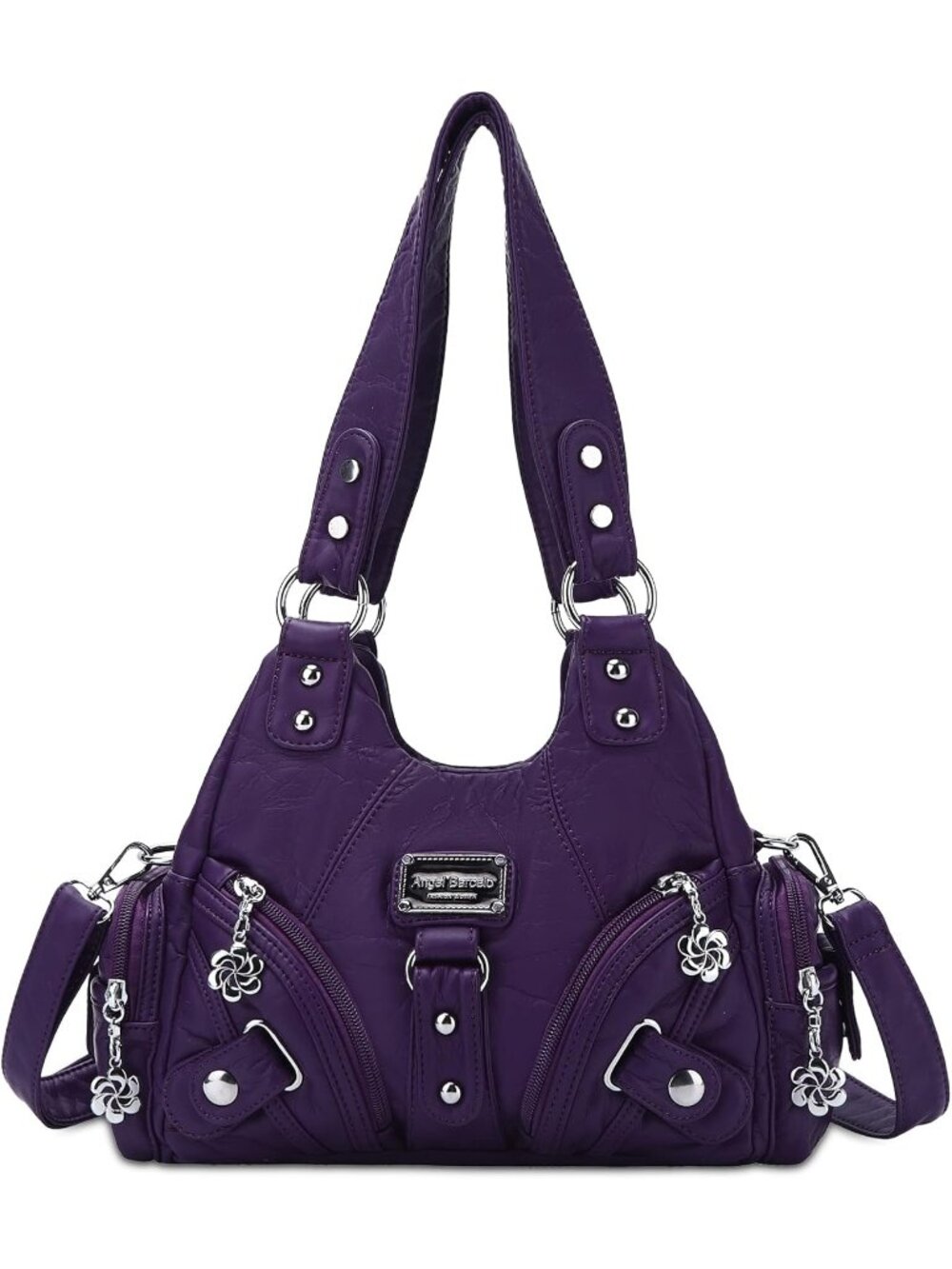 Women's Purple Soft Washed Vegan Leather Multi-Pocket Crossbody Hobo Tote Bag